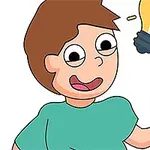 A cheerful cartoon boy wearing a green shirt is holding a pink and blue eraser, with a light bulb illuminating above him, suggesting ideas and creativity