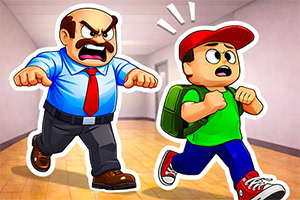Angry mustached man in a blue shirt and red tie chasing a frightened boy in a red cap and green backpack down a hallway