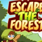 The image features a colorful cartoon-style title Escape the Forest with a character in a green cloak holding a stick, surrounded by trees and a bright blue sky