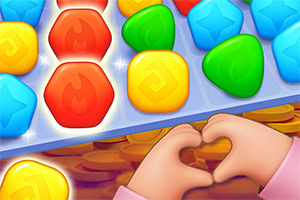 A colorful game interface featuring various geometric shapes, including hexagons and stars, with a pair of hands forming a heart shape in front of a background of coins