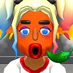 A colorful, animated character with bright blue eyes, orange skin, and multi-colored hair, expressing surprise or shock while holding a green chili pepper