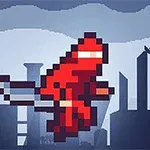 A pixelated red ninja character flying over a city skyline in a retro video game style