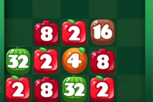 A colorful grid of fruit-themed tiles, featuring apples, watermelons, and an orange, each displaying numbers, arranged on a green and black checkerboard background