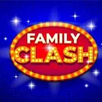 A vibrant graphic featuring the words FAMILY CLASH in bright yellow lights on a red oval background, set against a blue backdrop with sparkling accents