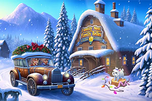 Vintage car on a snowy mountain road in front of a cozy lodge with a Family Nest Family Resort sign, Christmas decorations, and a small white dog with holiday lights
