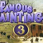 The image features the title Famous Paintings 3 in prominent purple letters, overlaid on a winter scene depicting people engaged in activities outside a building, suggesting a connection to renowned artworks or art history