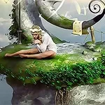 A serene and whimsical scene featuring a young woman in a white dress sitting on a lush, green floating island with winding vines and a spiral structure, set against a dreamy sky with soft clouds