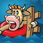 A cartoonish cow floating on a red inner tube with a shocked expression, surrounded by stylized blue waves, and a wooden post in the background