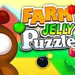 A cartoon-style brown chicken character is featured alongside the colorful title Farm Jelly Puzzle, with various fruits and a bomb icon, set against a bright, farm-themed background