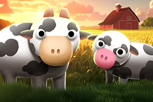 Two cartoon cows standing in a sunny farm field with a red barn in the background