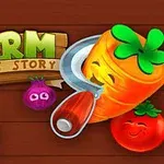 An animated image featuring playful fruits and vegetables, including a smiling carrot, tomato, and a purple vegetable, alongside the title Farm Puzzle Story set against a wooden background