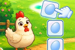 Cartoon chicken beside a grassy path with a hand dragging a blue egg icon into a matching vertical puzzle slot