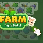 A colorful game interface featuring a Farm Triple Match theme with various fruits, vegetables, and cute animals displayed on matching cards