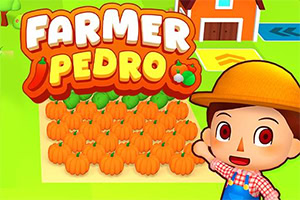 Cartoon farmer holding carrots beside a pumpkin patch with a barn and Farmer Pedro title