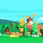 A colorful, cartoon-style farm scene featuring a wooden house, a windmill, a red tractor, and vibrant trees under a bright blue sky