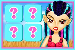 A colorful game interface featuring a cartoon girl with braided hair and an angry expression, alongside four mystery cards with question marks on a bright background