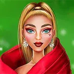 A glamorous woman with long blonde hair, bright blue eyes, and bold red lips, wrapped in a vibrant red shawl, set against a soft green background