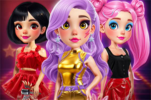 Three stylized fashion dolls with colorful hairstyles and glamorous outfits pose against a pink starry background