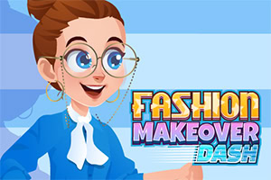 Smiling woman with glasses and a blue outfit beside colorful Fashion Makeover Dash text