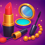 A collection of colorful cosmetics and beauty accessories, including a bright red lipstick, a makeup brush, an eyeshadow compact, mascara, and a pair of earrings with a blue gem, all set against a sparkly purple background