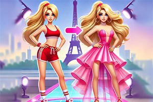 A character with long blonde hair is shown in two outfits: one in sporty red activewear and the other in an elegant pink dress, with a backdrop featuring the Eiffel Tower and city skyline