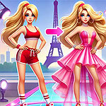 A character with long blonde hair is shown in two outfits: one in sporty red activewear and the other in an elegant pink dress, with a backdrop featuring the Eiffel Tower and city skyline