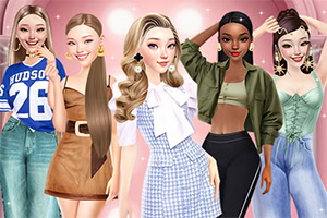 Five stylized female characters with diverse hairstyles and outfits, standing together against a soft pink backdrop, showcasing a variety of fashion styles