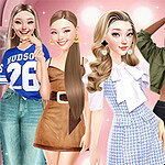 Five stylized female characters with diverse hairstyles and outfits, standing together against a soft pink backdrop, showcasing a variety of fashion styles