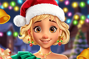Smiling blonde woman in a Santa hat with festive earrings and colorful Christmas lights in the background