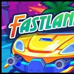 The image features a vibrant cartoonish yellow sports car with a futuristic design, set against a colorful city backdrop, alongside the bold text FASTLANERS prominently displayed at the top