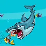 A cartoon shark with a fierce expression is lunging to catch a smaller fish, while colorful tropical fish swim in the background against a blue underwater scene