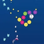 A colorful, arcade-style game screen featuring a blue background with floating circles of various colors, coins, and a small vehicle shooting projectiles towards the clusters of circles