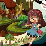 A cheerful cartoon scene featuring a girl in a blue dress with a bag, happily walking alongside a friendly owl, set against a whimsical backdrop of a quaint house and lush trees, under the title Felicias Day