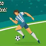 A stylized illustration of a soccer player in blue and white uniform running with a soccer ball, accompanied by the text FIFA SCORE in a playful font, set against a green field and blue background