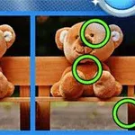 A side-by-side comparison of two images featuring a plush teddy bear with a bow tie, highlighting subtle differences marked with green circles on the right image