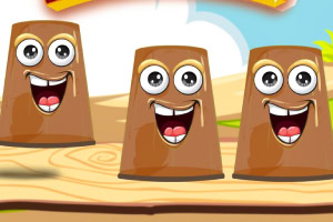 Three cartoonish, smiling brown cups with big eyes and cheerful expressions, set against a colorful background