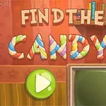 The image features a colorful game title FIND THE CANDY with decorative candies, alongside a green play button and a cozy, warm background with a spider web and bookshelves