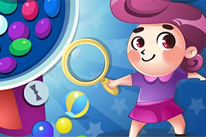A cheerful cartoon girl with purple hair holds a magnifying glass, standing next to a colorful gumball machine filled with vibrant gumballs and surrounded by playful elements like stars and bubbles