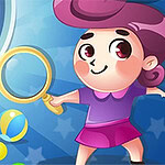 A cheerful cartoon girl with purple hair holds a magnifying glass, standing next to a colorful gumball machine filled with vibrant gumballs and surrounded by playful elements like stars and bubbles