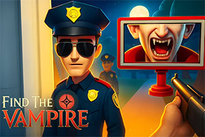 Cartoon police officer in sunglasses beside a red-framed screen showing a screaming vampire, with a handgun in the foreground and Find The Vampire text