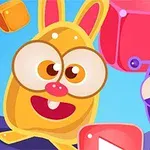 Colorful cartoon characters, including a cheerful yellow rabbit and a cute purple creature, surrounded by vibrant blocks against a bright blue background