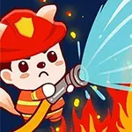 A cartoon character wearing a firefighter outfit sprays water from a hose to extinguish colorful flames in a vibrant, animated scene