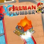 The image features a colorful cartoon-style graphic for a game titled Fireman Plumber, depicting a young firefighter with a hose aimed at a burning house, alongside playful elements like water pipes and a dog