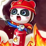 A cute cartoon panda firefighter in a red helmet passionately sprays a fire extinguisher at flames, surrounded by smoke and fire