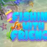 A colorful underwater scene featuring the title Fishing With Friends in playful, blue text, accompanied by cute fish and aquatic elements like bubbles and seaweed