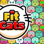 The image features a vibrant background of various cartoon cat faces in different colors, with a central logo that says Fit Cats in bold, playful lettering and a heart accent