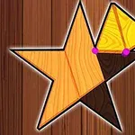 A colorful wooden star puzzle piece featuring segments in yellow, orange, and brown, with two purple dots, set against a textured wooden background