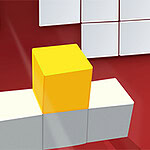 A vibrant yellow cube is positioned atop two white cubes, with a background featuring a grid of white squares on a red surface