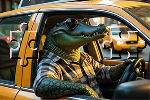 A cartoon crocodile wearing sunglasses and a plaid shirt sits in the drivers seat of a yellow taxi, with a city street visible in the background