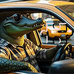 A cartoon crocodile wearing sunglasses and a plaid shirt sits in the drivers seat of a yellow taxi, with a city street visible in the background